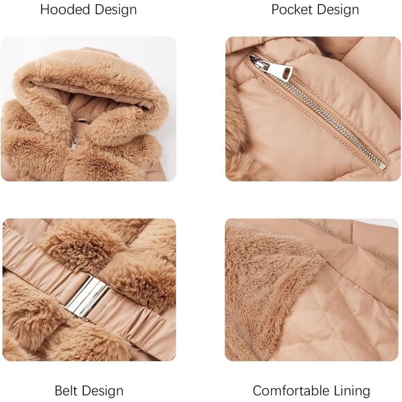 🆕 Women Brown Leather Long Fur Collar Hooded Winter Warm Bubble Puffer Jacket - Picture 4 of 5